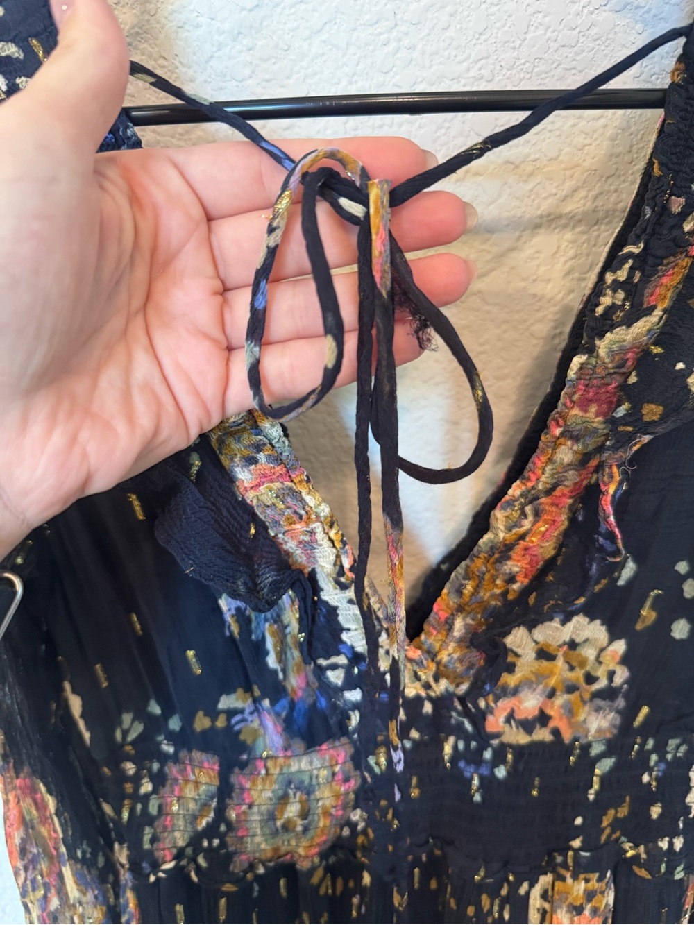 Anthropologie Small Boho Floral Sheer Sleeve Midi Dress Navy with pockets :) - Picture 12 of 15